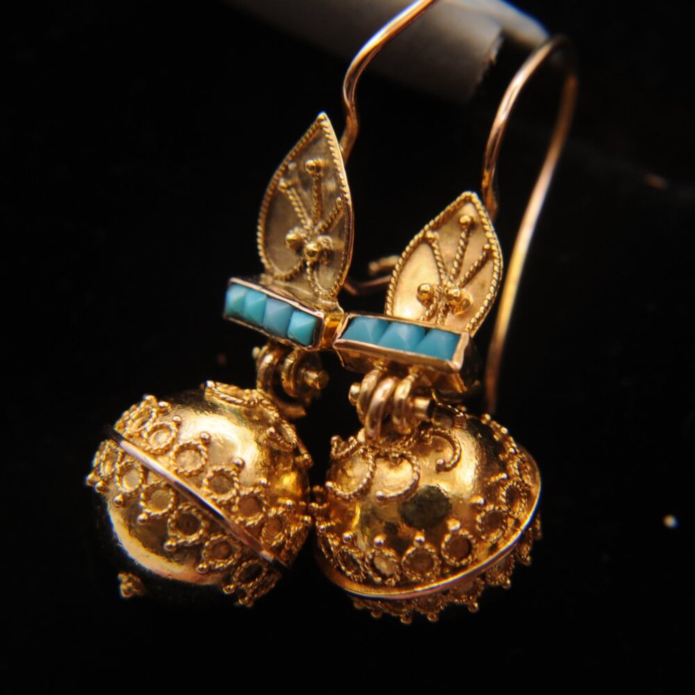 Antique Victorian Edwardian 20KY Gold - Turquoise Wire Applique Globe Earrings.